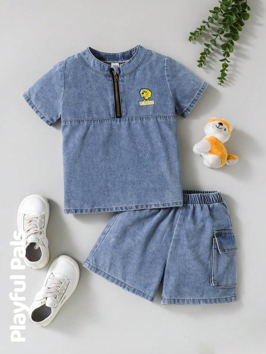 SHEIN Young Boy Dog Print Short Sleeve Top And Denim Shorts 2 Pieces Set - Dark Grey - View 1