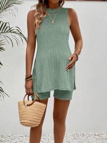 SHEIN 2pcs/Set Maternity Solid Color Round Neck Side Slit Hem Tank Top & Adjustable Waist Shorts Casual Outfits - Mint Green - View 5
