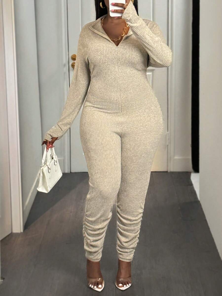 Slaydiva Plus Size damski jednokolorowy kombinezon z długim rękawem i zamkiem błyskawicznym z przodu - Kolor khaki - Zobacz 1