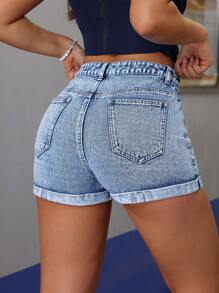 SHEIN Tall Women's High Waist Fray Hem Denim Shorts, Minimalist & Stylish, Suitable For Summer - Light Wash - View 2