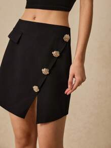 Poéselle Women's Elegant Metal Decor Wrap Slit Skirt For Work - Black - View 1