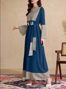 Al Najma Women's Elegant Arabic Style Splice Fringe Sleeve Long Dress, Arabian Dresses,Modest - Navy Blue - View 5