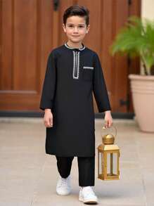 Young Boy Chinese Collar Long Sleeve Robe With Matching Casual Long Pants, Skin-Friendly Soft Fabric, Minimalist Print, Fashionable, Suitable For Spring, Summer, Autumn,Holiday,Summer,Travel