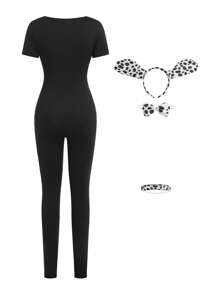 Polka Dot Dog Set With Headband, Bowknot, Romper For Teen Girls