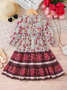 SHEIN Young Girl White Autumn Floral Print Dress,Lantern Sleeves V-Neck Loose Style,Matching Family Vacation Outfit,Sisters Sibling Wear For Festivals - Multicolor - View 5