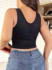 纯色网眼拼布前开襟紧身衣