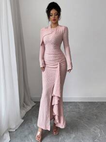 Elenzga 1 件女式纹理设计长袖针织连衣裙