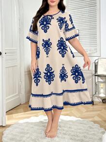 Trezura 复古印花宽松短袖大码睡袍，Moo Moo 睡裙 - 彩色 - 查看 3