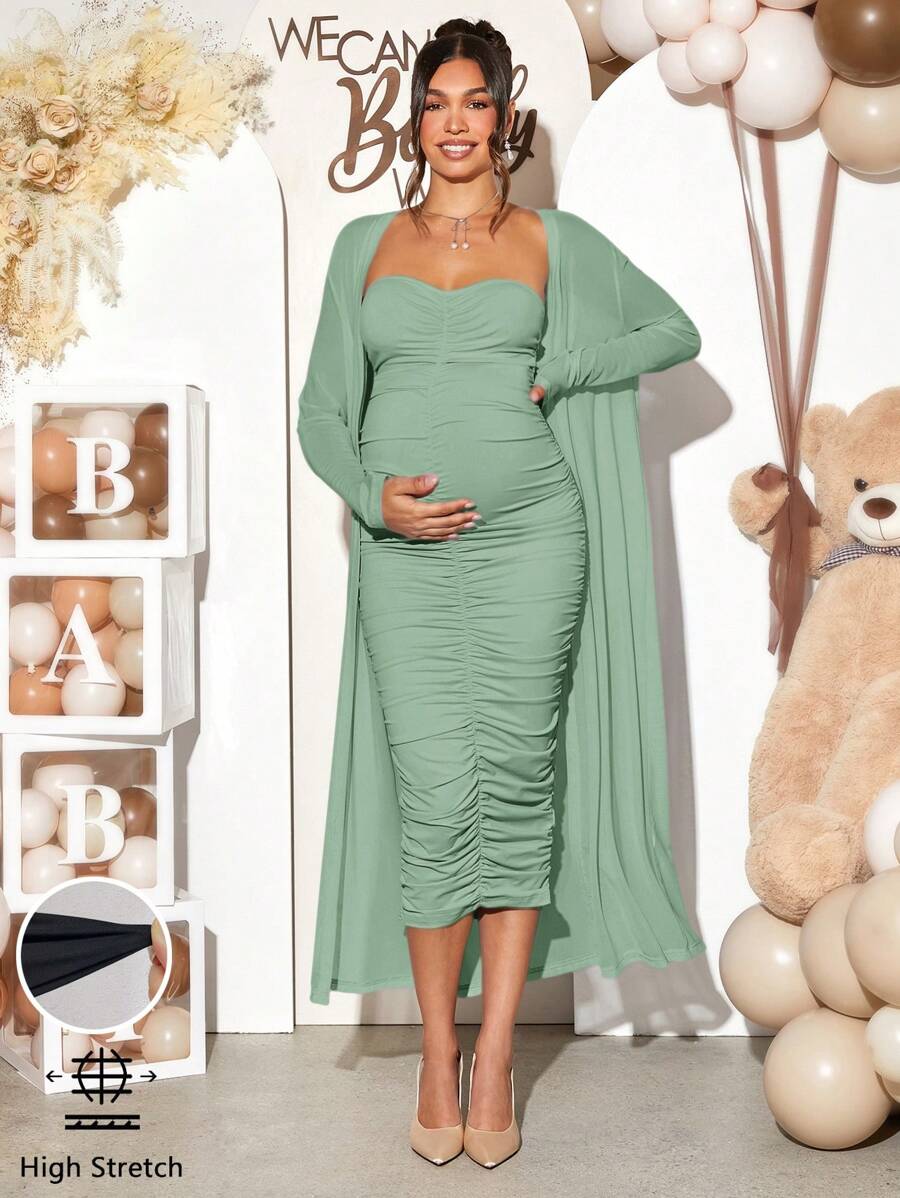 Loomaby Bộ đồ bầu 2 món - Áo len cardigan và váy màu trơn, đơn giản và thời trang - màu xanh lá - Xem 1