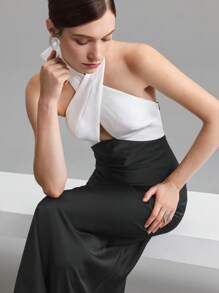 Ontre 女士无袖挂脖式拼色 A 字形连衣裙，塔夫绸轻质派对礼服，春夏