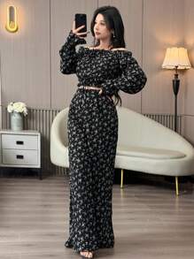 Modelyn 2 件套女士碎花露肩上衣和裤子套装 - 黑色 - 查看 4