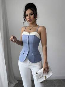 Elenzga Damen ärmelloses blaues & weißes Patchwork Top mit Knopfdesign an der Taille