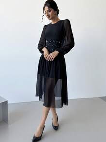 SHEIN Privé 女士优雅简约浪漫日常/工作珍珠装饰透明 A 字型中长黑色连衣裙，适合约会、开斋节、情人节 - 黑色 - 查看 2