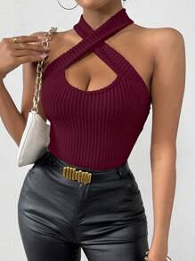 Chiquease 女士纯色罗纹交叉吊带背心