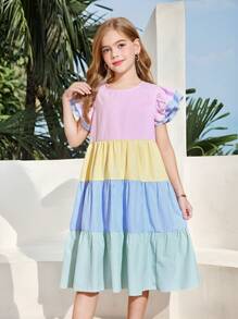 SHEIN Tween Girls Woven Macaron Colorful Striped Color Block Ruffle Hem Cap Sleeve Relaxed Dress, Suitable For Spring Vacation, Spring/Summer, Back To School