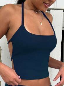 INAWLY 2pcs Women Solid Color Backless Camisole Top And Mini Skirt Set - Navy Blue - View 4