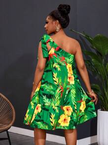Slaydiva Plus Size New 2025 Casual Olive Flower Print Faux-One Shoulder Ruffle Hem A-Line Summer Dress, Vacation Casual Spring/Summer - Multicolor - View 2