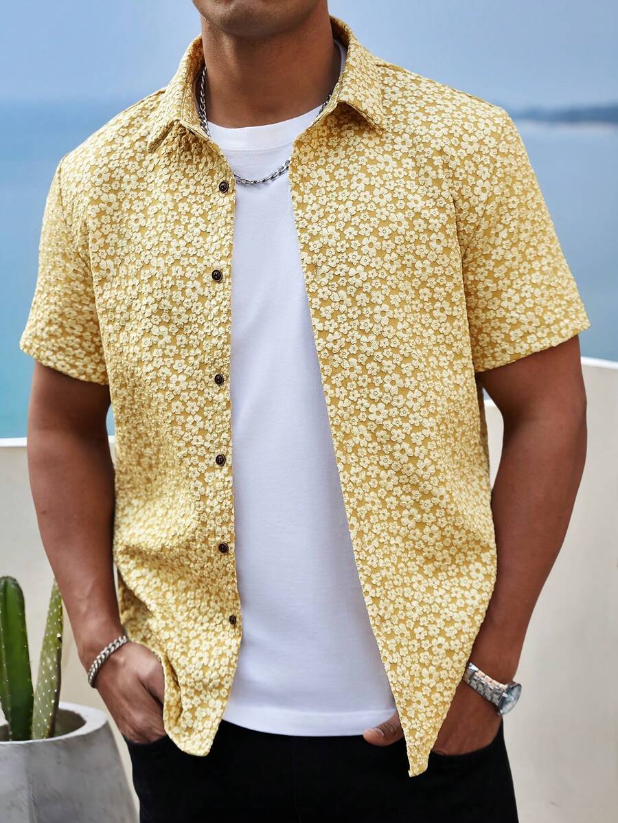 Manfinity Chillmode Men's Front Button Short Sleeve Shirt Collar Casual Shirt - Yellow - View 1