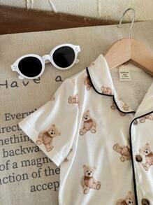 Schattig beerpatroon reversknoop zacht comfortabel nachtkleding 2-delige set (shirt + broek), babyjongen
