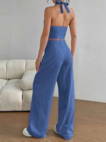 Flirla Petite 2 件套：领带背心和直腿休闲裤 - 淺藍色 - 查看 2