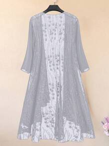 EMERY ROSE Plus Size Women Floral Mesh Long Sleeve Loose Open Front Long Top Fall - Grey - View 2