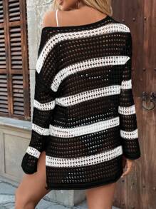 Breezaya Casual Loose Contrast Striped Hollow Out Knit Cover Up