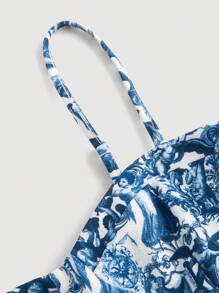 SHEIN MOD Biustonosz typu bustier w kolorze niebieskim i białym z kwiatowym nadrukiem w stylu vintage, krótki top