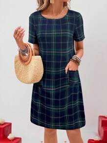 EMERY ROSE Women's Casual Plaid Pattern Double Pocket Short Dress, Spring/Summer - Green - View 6
