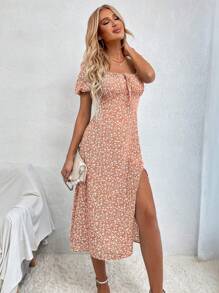 Breezaya Damen Blümchen Bindedetail Kurzes Puffärmel Kleid mit Schlitz am Saum, elegantes romantisches Urlaubskleid