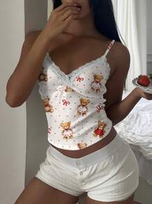 SHEIN EZwear Women's Lace Cami Tank Top With Bear Pattern, Suitable For Spring/Summer - Multicolor - View 3