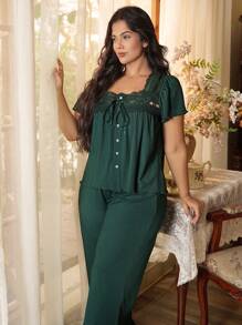 大码蕾丝拼布罗纹短袖上衣和裤子睡衣套装