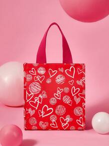 SmileyWorld® | SHEIN Red Smiling Face & Heart Print Lunch Bag, Large Capacity - Red - View 4