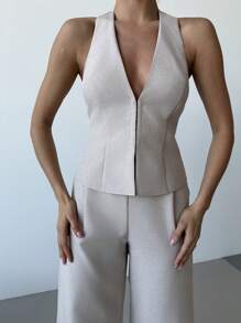 Firerie 2 件套：优雅轻盈亚麻裹身前 V 领无袖背心和高腰褶皱阔腿裤，休闲商务通勤装，适合女士春夏季、毕业典礼、教师装，秋冬季返校 - 杏色 - 查看 4