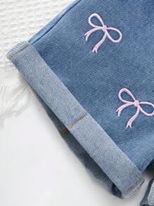 Young Girl' Casual Soft Washed Denim Shorts With Bow Print, Fashionable Comfortable Streetwear Shorts, Suitable For Vacation, Summer - Medium Wash - View 6