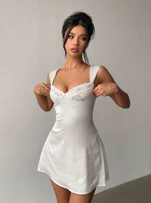 Aloruh Vestido camisero blanco de satén ajustado con cuello cuadrado elegante para mujer