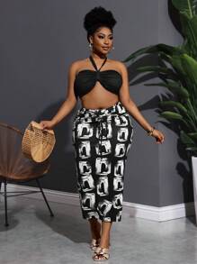 Slaydiva Plus Size Women 2pcs Set - Tied Neck Camisole Tank Top & Bodycon Skirt, Resort Wear - Multicolor - View 8