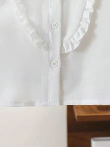 Jong meisje' Elegante frisse ivoorkleurige kanten rand contrasterende kleur strikkraag lange mouwen overhemd met knopen, college stijl, geschikt voor dagelijks casual, school, reizen, vakantie, lente/herfst