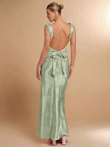 SHEIN BAE Spring & Summer Solid Color Sleeveless Sexy Open Back Bow Decor Jacquard Texture Maxi Slip Dress, Suitable For Valentine's Day, Party, Romantic Date, Bridesmaid, Ball, Work, Birthday, Pink Dress,Backless Dress - Mint Green - View 3