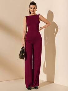 SHEIN BAE 纯黑色优雅性感露背系带蝴蝶结无袖超宽腿连体裤，百搭日常装扮，约会，外出，派对，优雅，不对称宽腿连体裤，情人节连体裤，日常连体裤，精致连体裤 - 酒紅色 - 查看 6