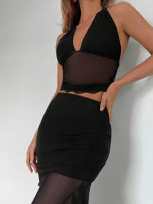 Chiquease Women's Solid Color Halter Tie-Up Blouse And Ruffle Hem Mini Skirt 2 Pieces Set, Spring/Summer - Black - View 4