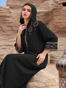 Al Najma Kaftan dài truyền thống Ả Rập thêu bảo thủ màu xanh nhạt dành cho nữ, váy dài Thổ Nhĩ Kỳ, Kaftan khiêm tốn - màu đen - Xem 3