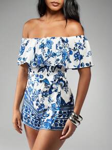 MISSGUIDED 印花巴多褶边多层连身裤配腰带夏季可爱连身裤 - 藍色 - 查看 7