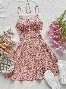 SHEIN Tall Floral Printed Cross Lace-Up Backless Cami Dress, Summer