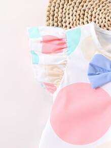 2 件套幼儿女孩可爱波尔卡圆点印花蝴蝶结装饰荷叶边上衣和短裤套装，适合夏季外出、度假和日常穿着