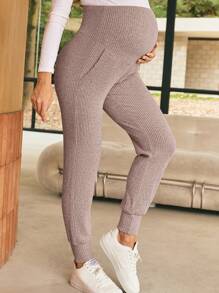 SHEIN Women's Dusty Pink Knitted Maternity Pants: Comfortable And Stylish Full Length Casual Pregnancy Trousers With Pockets - Dusty Pink - View 5