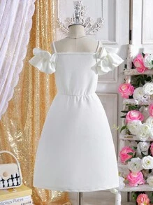 Tween Girls' Solid Color Ruffle Ruffle Hem Maxi Dress, Ivory White Tone, Showcasing Elegant Bohemian Style, Suitable For Various Occasions - White - View 2