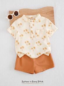 Cozy Pixies 2pcs Toddler Boy Cartoon Coconut Tree Short Sleeve Polo Collar Pullover Top And Solid Color Elastic Waist Shorts Set