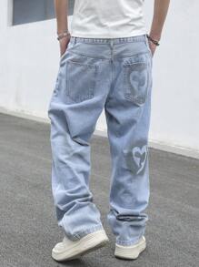 Manfinity Hypemode Men's Loose Heart Print Pocket Wide Leg Casual Jeans - Light Wash - View 2