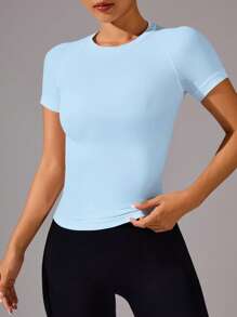 SHEIN Sovereign Charm 女士纯色圆领插肩袖日常健身运动 T 恤，无缝修身衬衫健身衫