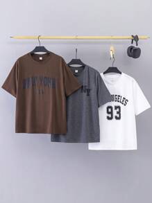 SHEIN 3pcs/Set Teen Boy Casual Short Sleeve T-Shirt, Street Punk Rock School Style For Outings, Parties, Music Festivals, Suitable For Spring/Summer, Dark Grey, White, Coffee - Multicolor - View 2